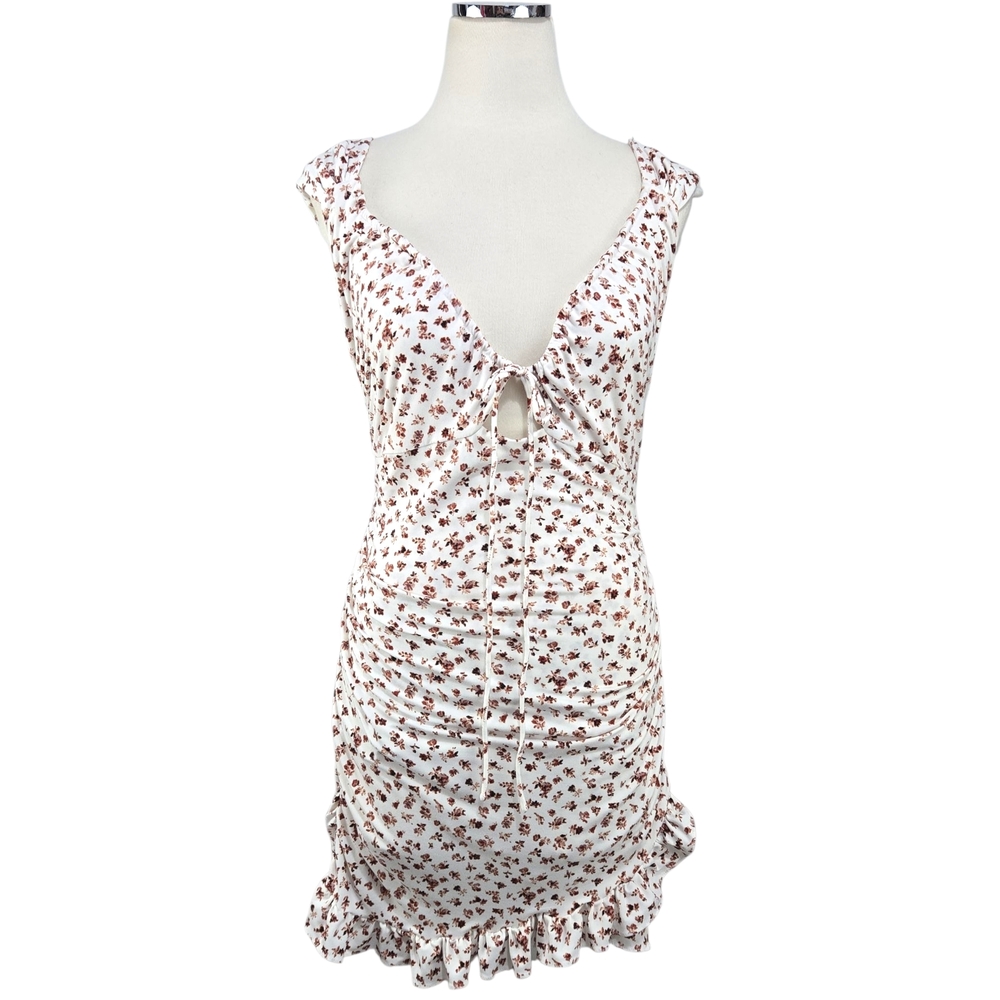 Urban Outfitters Eve Floral Ruched Mini Dress M Cream Pink Ruffle Cutout